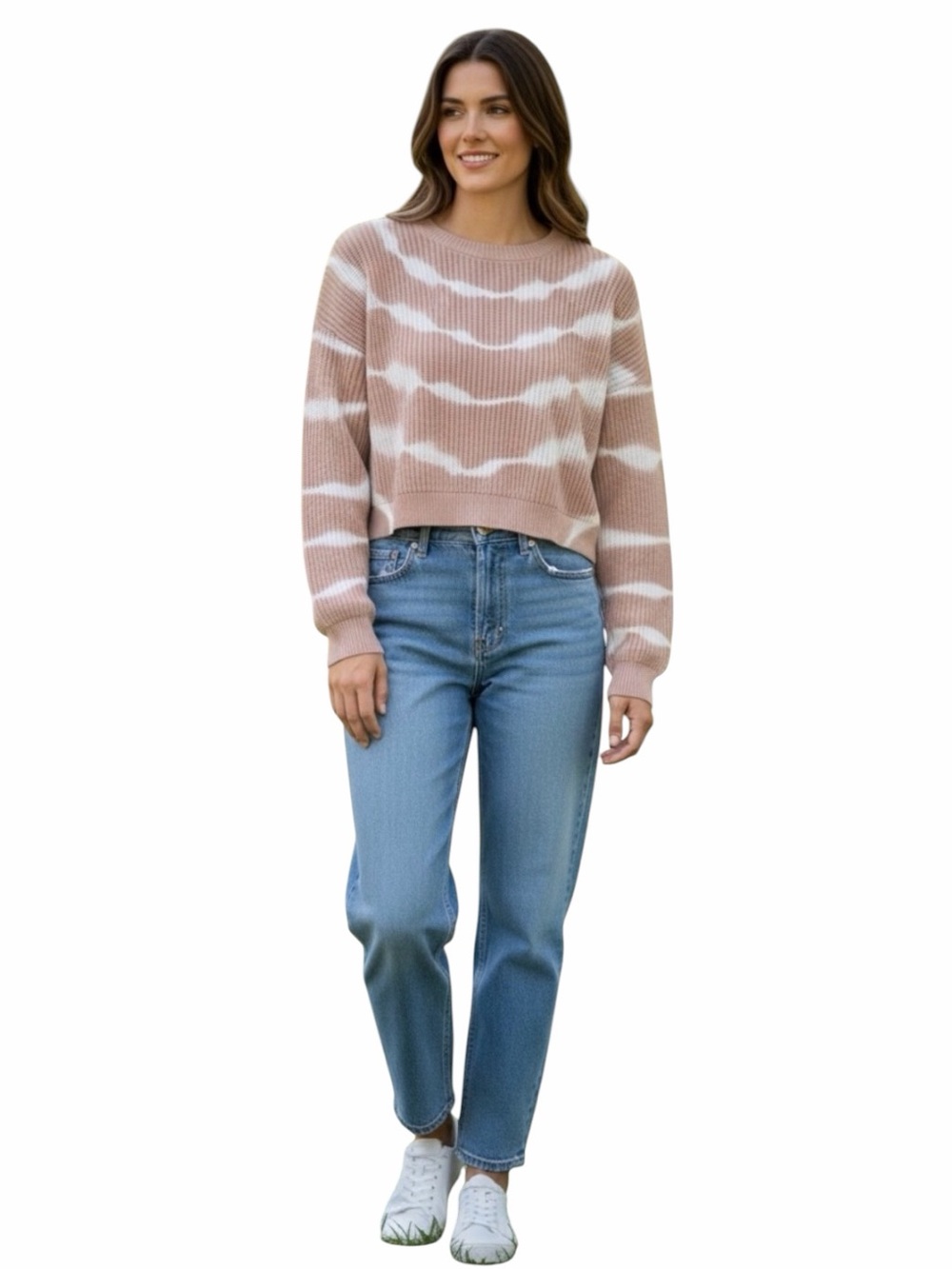 🤍 TART COLLECTIONS Ribbed Crewneck Crop Sweater in Beige and White Tie-Dye NWOT